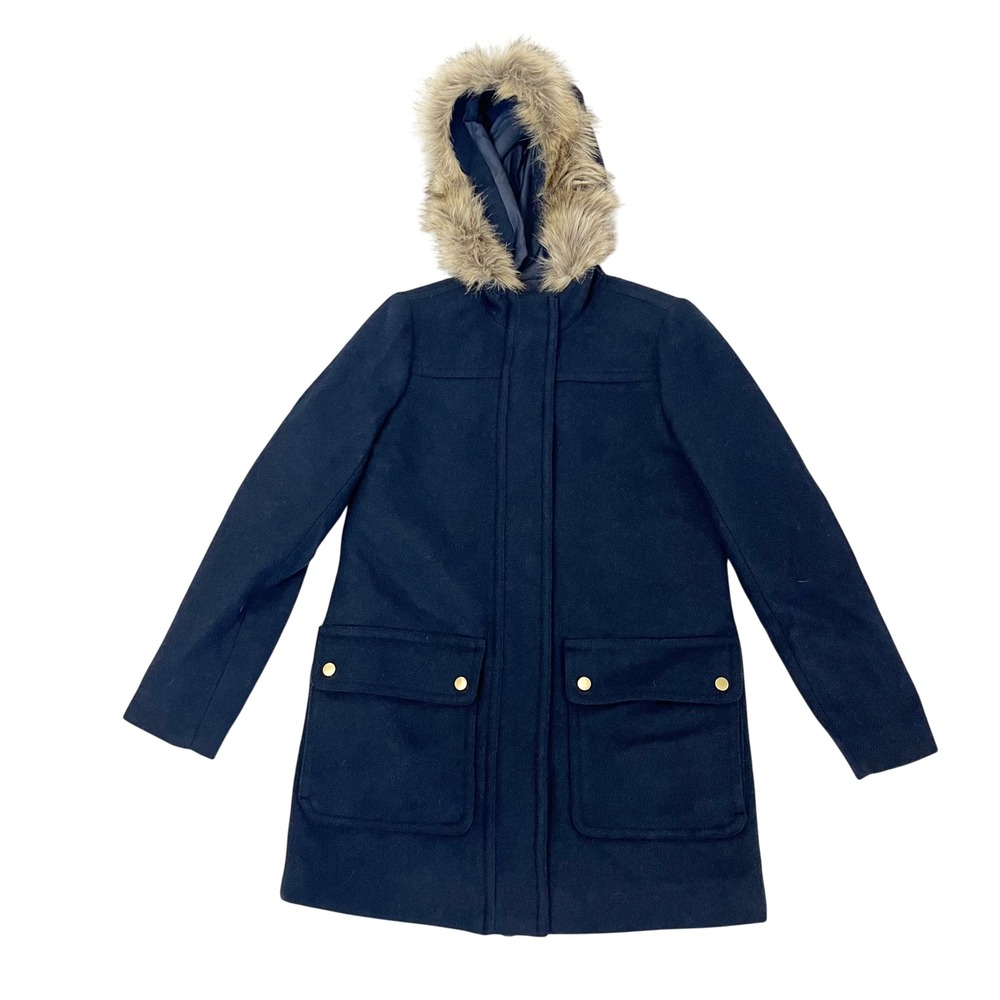 NEW J.Crew Vail Parka Navy Blue Wool Blend Faux Fur Hood Coat J6178 Size 00
